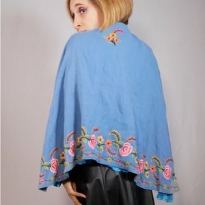 Floral Embroidered Blue Wool Cape Circa 1940s